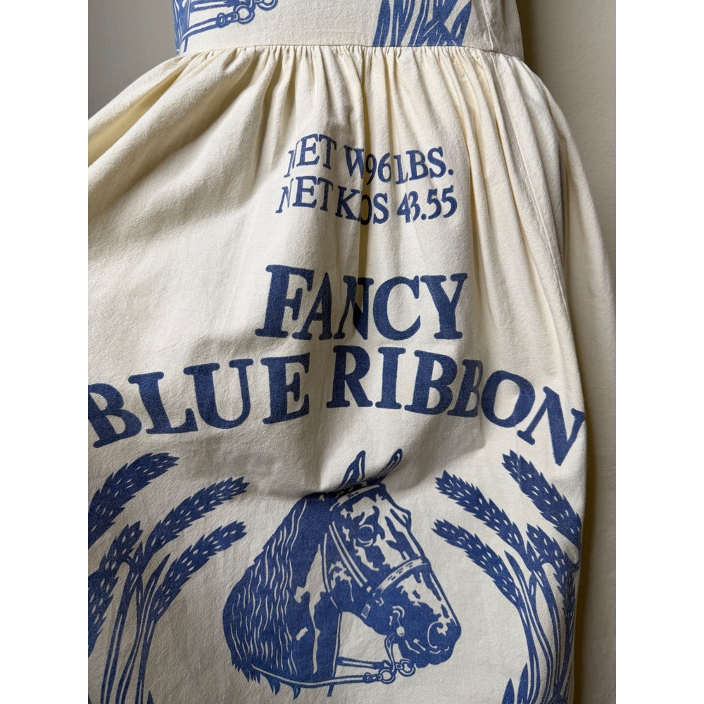 Feed Sack Dress Medium Blue Ribbon Horse Flour Upcycled Cottagecore Farmcore - Picture 11 of 16